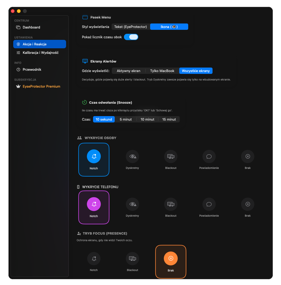Interfejs ustawień EyeProtector