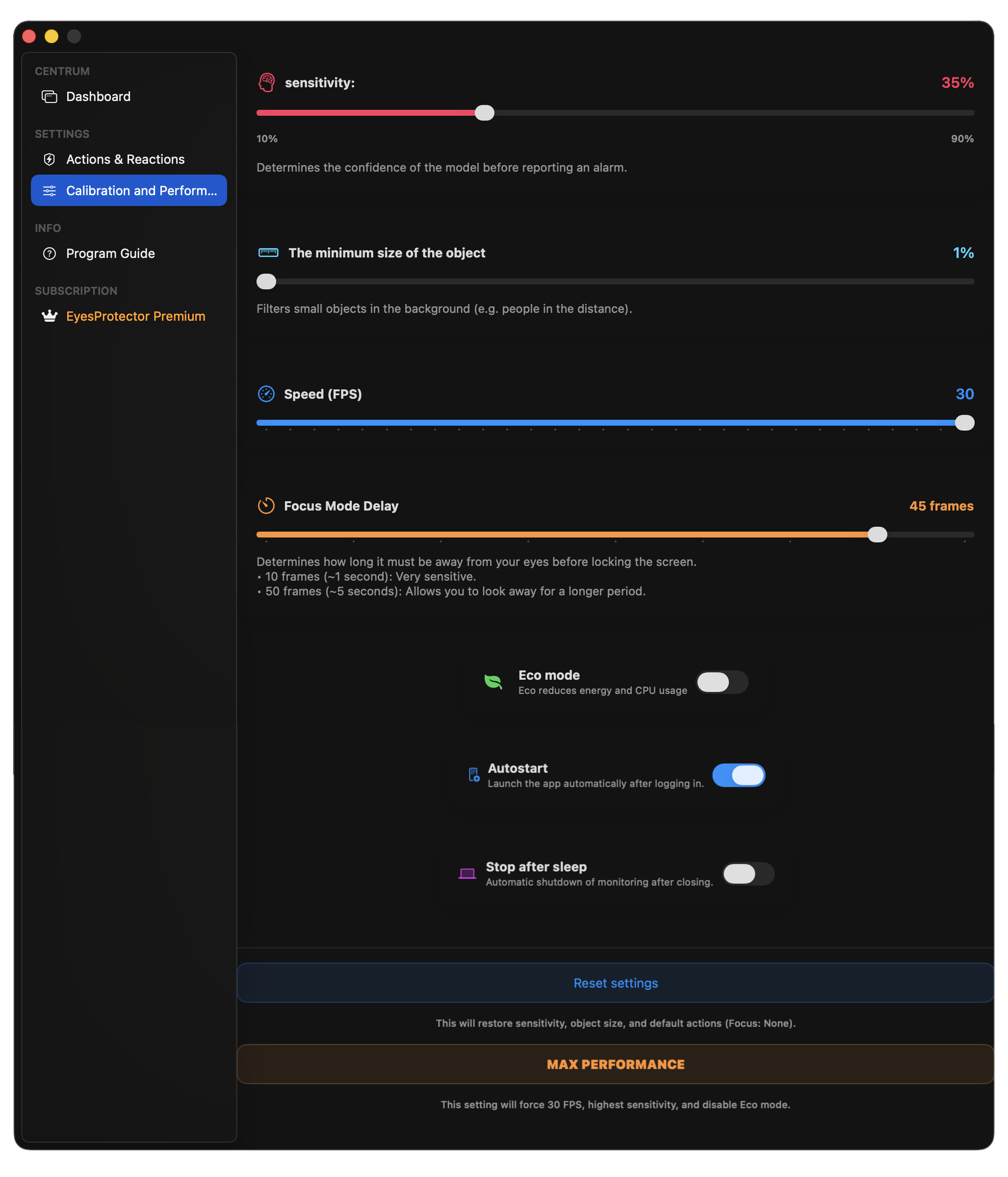 EyeProtector Settings Interface